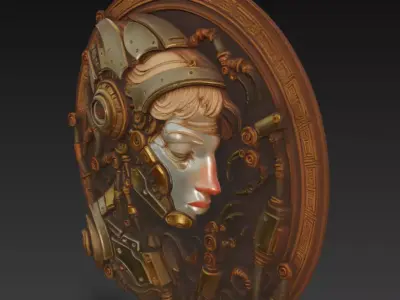 Cyberpunk Medallion - Futuristic Female Mecha Relief 3D Model 3D print model