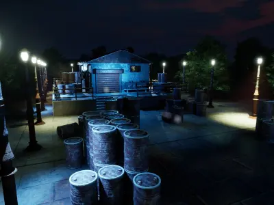 Warehouse building with lights at night Low-poly 3D model
