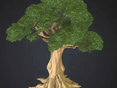 Realistic Stylized Oak with Roots and Branches Low-poly 3D model