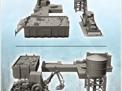 Set of industrial elements with tipper dock backhoe and water ta 3D print model