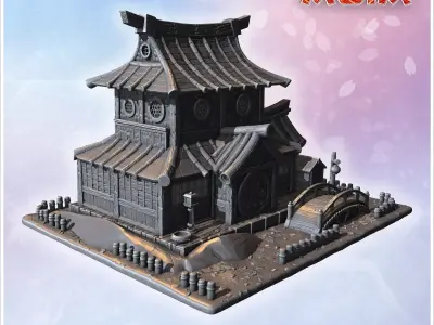 Large Japanese house with bridge wooden gates tiled roof and sur 3D print model