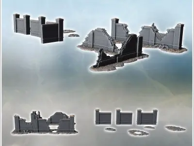 Series of damaged walls with broken sections rubble piles and in 3D print model