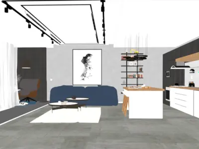 Livingroom with Kitchen 3D model 3D model