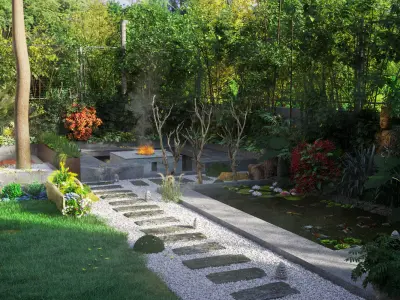 gardenhouse garden with fire pit in middle 3D model