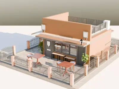 Modern Coffee Shop Exterior 3D Model Rooftop Cafe Low-poly 3D model purchase