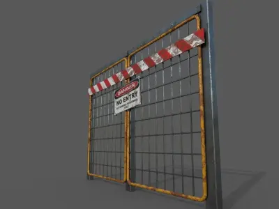 Barricade PBR metal gate with warning sign Low-poly 3D model