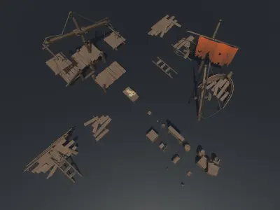 Stylized Shipwreck and Pier 3D game ready assets Low-poly 3D model