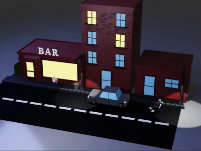 low poly Street bar building at night Low-poly 3D model