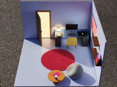 low poly 3D room model with desk and chair Low-poly 3D model