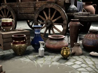 Fruit and Pottery Market Cart Pack containing Low-poly 3D model