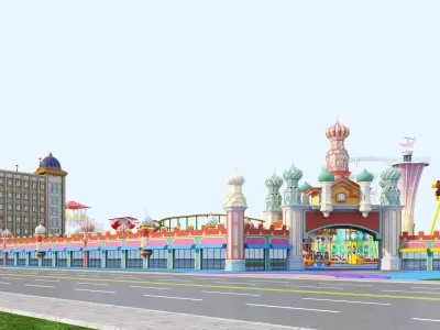 Cartoon colorful childrens theme park many amusement equipment Low-poly 3D model
