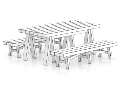 Wooden Table and Benches 3D model