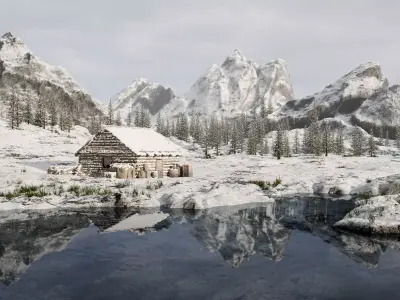 Snow landscape Cabin Scene 3D model