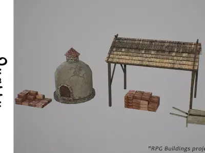 Quarry wooden structure and bricks Low-poly 3D model