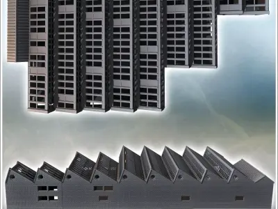 Large modern factory with glazed shed roof multiple accesses and 3D print model