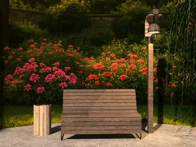 Garden Bench with Lamp and Trash Bin -Outdoor Set- Low-poly 3D model
