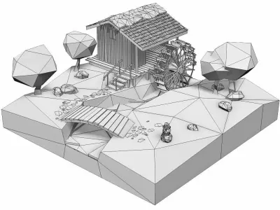 Watermill isometric landscape winter village low poly Low-poly 3D model