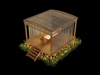 bedstead wooden gazebo with lights 3D model