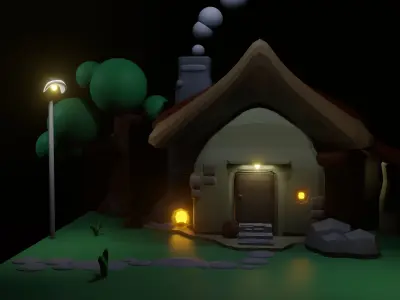 3d minimalist house in the countryside Low-poly 3D model