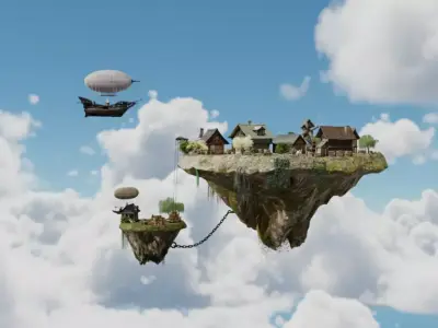 Floating Island Village Ultra-Realistic 3D Environment Low-poly 3D model