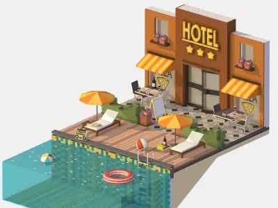 Relax Pool on Hotel Loungers Low-poly 3D model