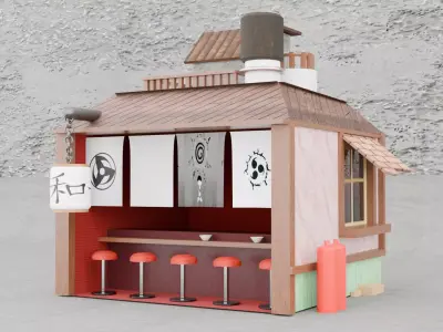 Low Poly Japanese Ramen Shop  Stall Game Ready 3D Model Low-poly 3D model