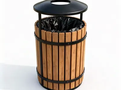 Round Wooden Park Trash Bin 3D Model Low-poly 3D model