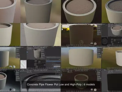 Concrete Pipe Flower Pot Low and High-Poly 3D Model Pack