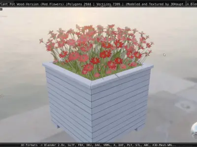 Public Plant Pot Wood-Version with Red Flowers Low-poly 3D model