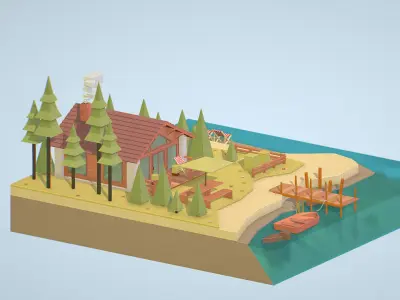 isometric old hunting lodge on the river Low-poly 3D model