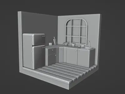 low-poly kitchen with refrigerator and microwave Free 3D model