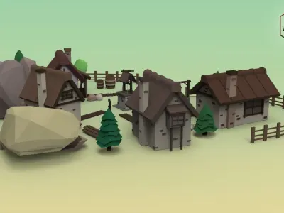 Low Poly Mountain Village Low-poly 3D model