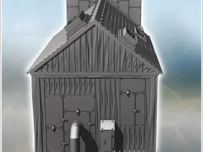 Futuristic western-style bank building with ventilation wood and 3D print model