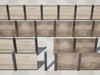 Wooden Modular Fence dark old damaged wood and new clean light Low-poly 3D model