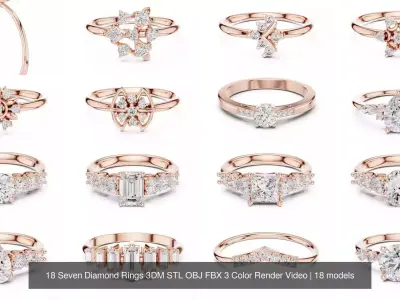 18 Seven Diamond Rings 3DM STL OBJ FBX 3 Color Render Video 3D Model Pack