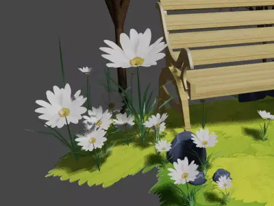 Stylized Park Bench Scene Garden Environment Low Poly Low-poly 3D model