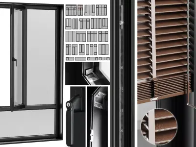open window - close metal window with metal - leather blinds Low-poly 3D model