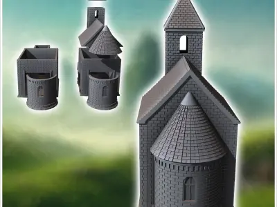 Christian chapel in hewn stone with a tiled roof and a gothic-st 3D print model