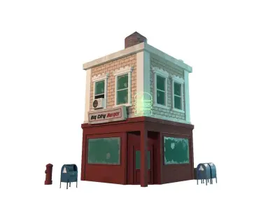 Stylized city burger cafe restaurant house game ready PBR Low-poly 3D model
