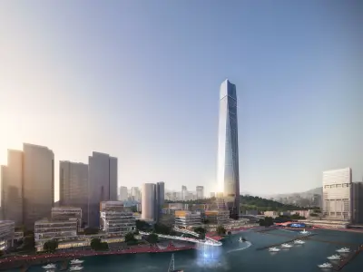 Coastal Marina Cityscape with Landmark Tower and Cable Bridge 3D model