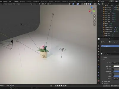 Flowers and leaves with a clay pot with three points lighting Low-poly 3D model