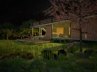 SHALLE house with grass and trees at night 3D model