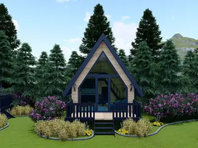 BUNGALOW two cabins in middle of grassy field 3D model