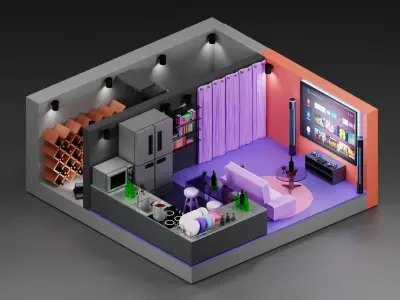 living room and kitchen room isometric  Low-poly 3D model