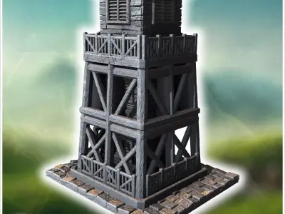 Tall wooden watchtower with ladder access weathered planks and a 3D print model