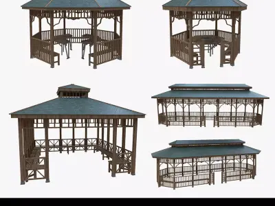 Wooden Garden Pergola Gazebo Arbor Collection 3D Model Pack