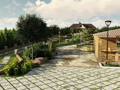 Landscape 3D Model garden path with trees and shrubs 3D model