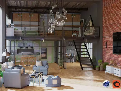 Loft Interior House Cinema 4D Corona Scene Free 3D model