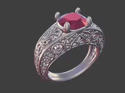  Filigree Silver Engagement Ring with Round Gemstone 3D print model