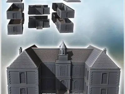 Modern building with bell towers two wings and access staircase  3D print model